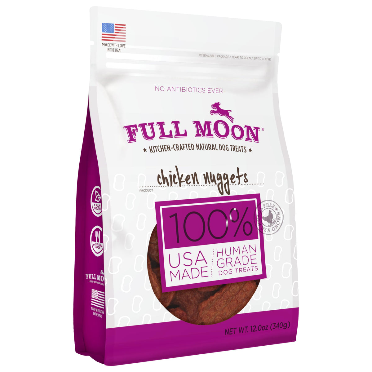 Full Moon Chicken Nuggets packaging, USA-made quality for dogs