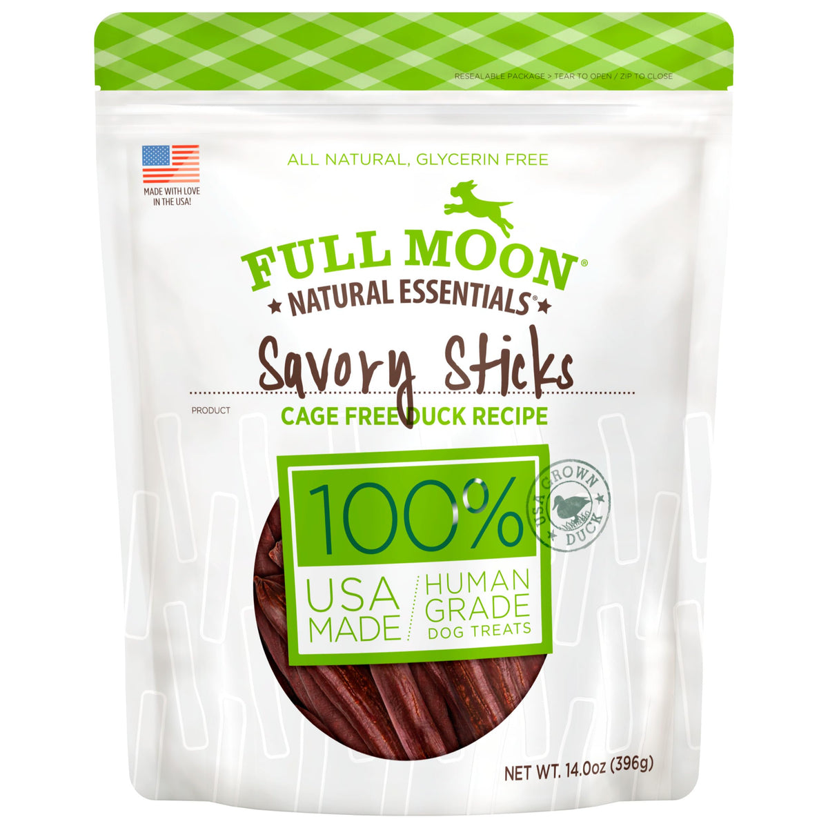 Full Moon Duck Savory Sticks pack shot highlighting natural ingredients and USA-made quality.