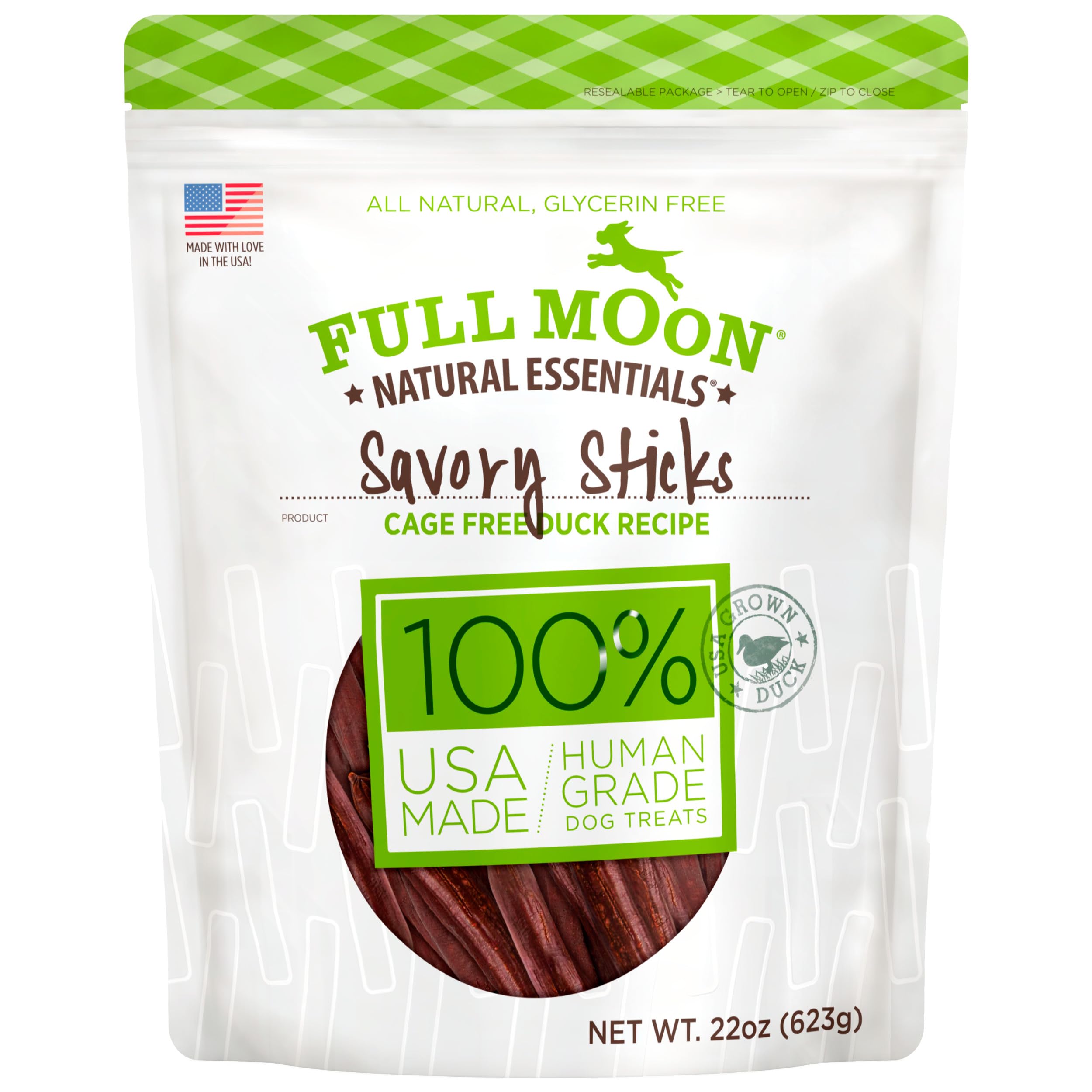 Full Moon Duck Savory Sticks pack shows natural ingredients for wholesome dog treats.
