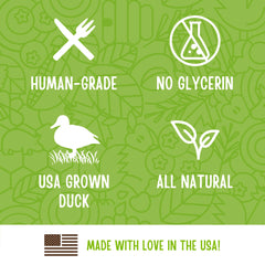 Full Moon Duck Savory Sticks label emphasizes human-grade quality and US sourcing.