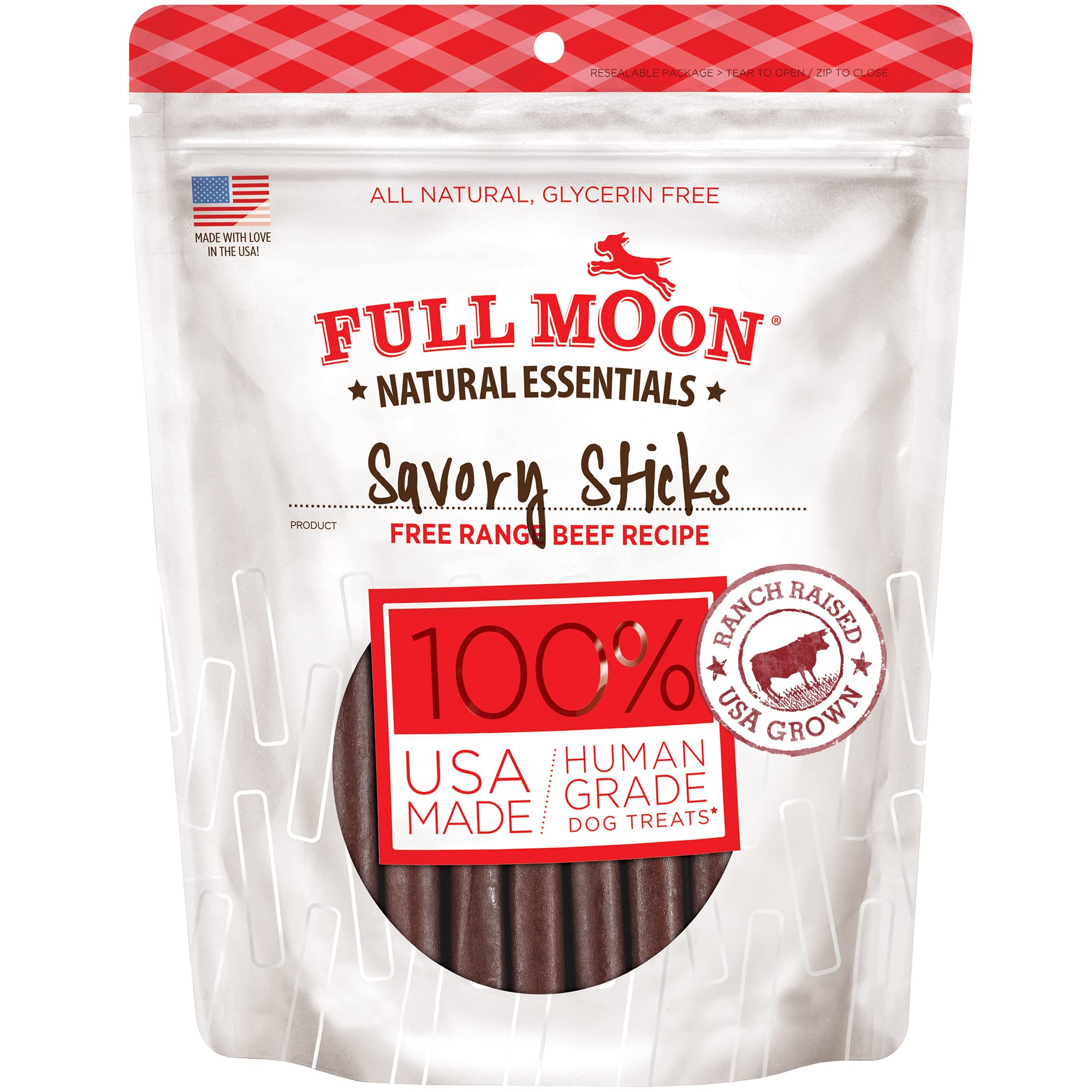 Full Moon Essential Beef Sticks bag showcases natural dog treats for daily rewards.