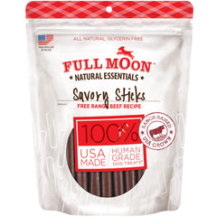 Full Moon Essential Beef Sticks bag showcases natural dog treats for daily rewards.