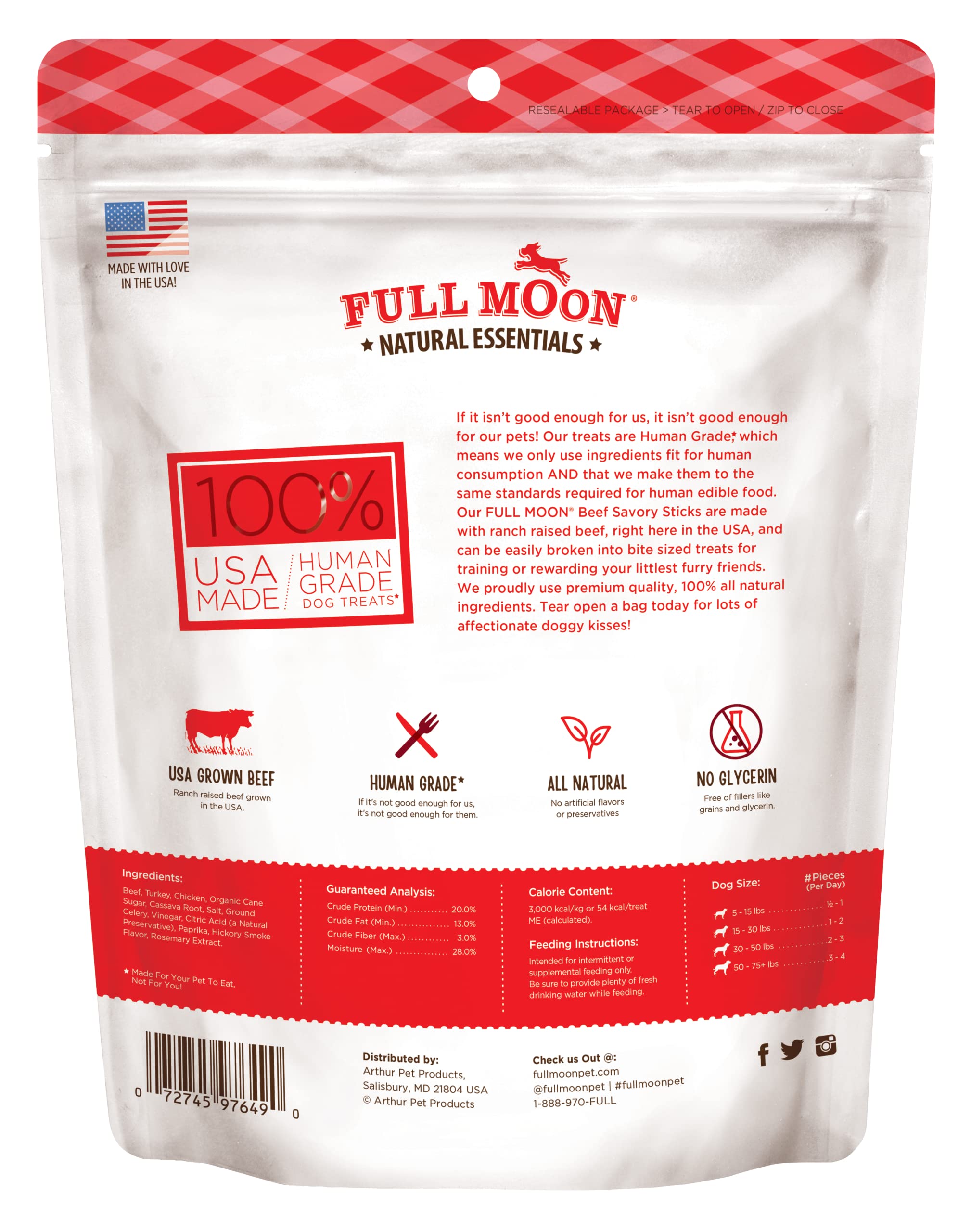 Full Moon Essential Beef Sticks ingredients panel highlights simple, wholesome components for canine snacking.