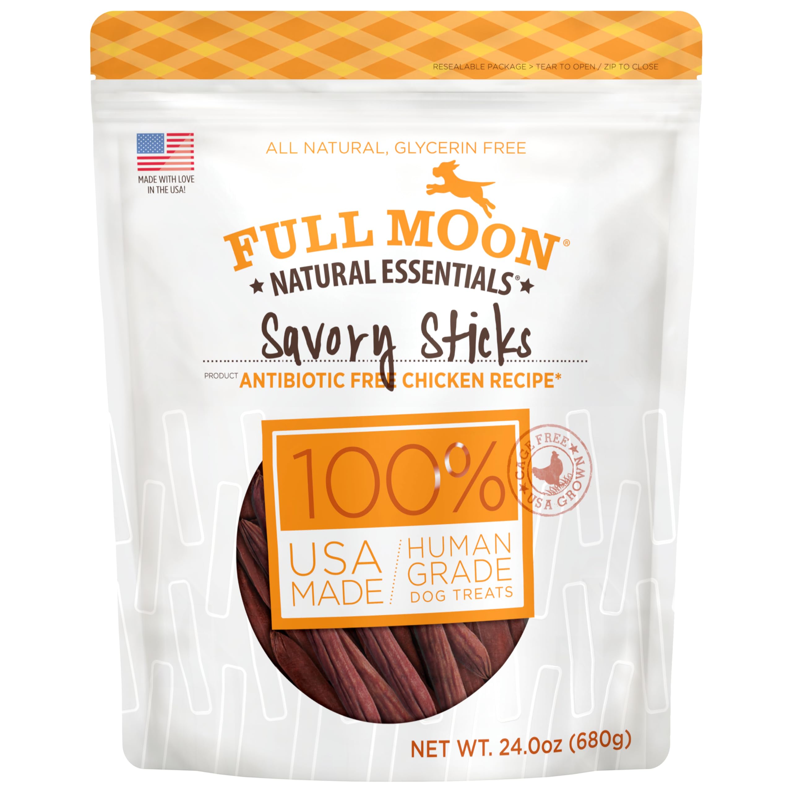 Full Moon Essential Chicken Savory Sticks pack showing human-grade ingredients for dogs