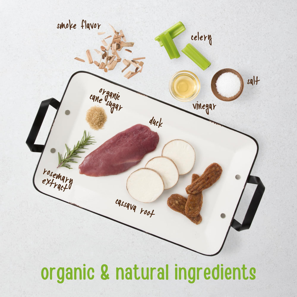 Full Moon Essential Duck Tenders highlighting cage-free duck and premium ingredients