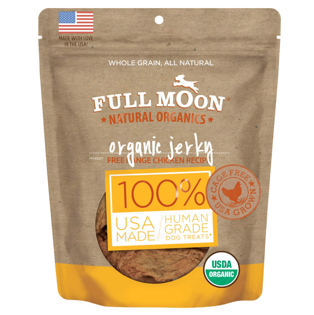 Full Moon Organic Chicken Jerky packaging highlights premium ingredients for dogs