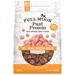 Full Moon Pure Protein air-dried dog food bites showing real chicken for active dogs.