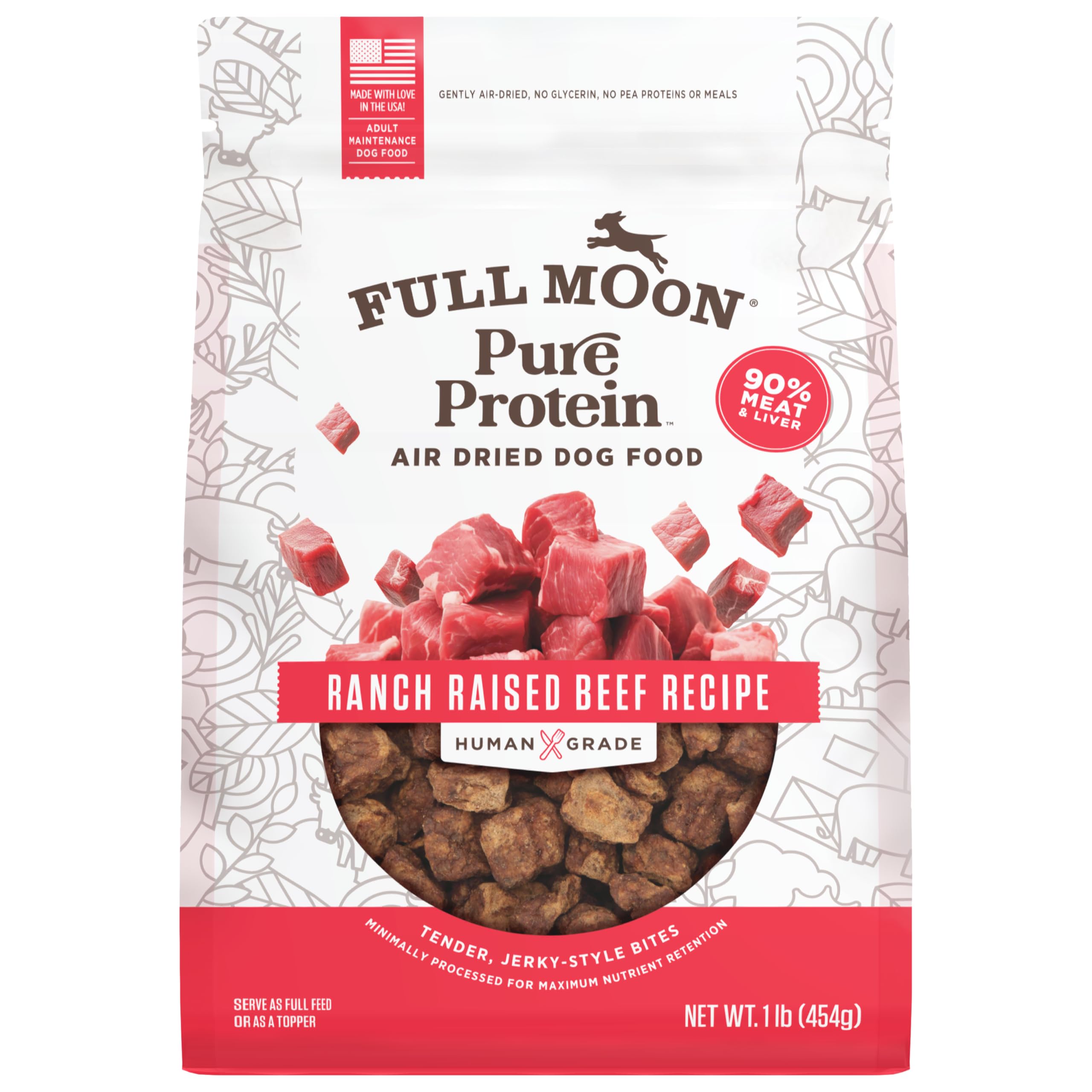 Full Moon Pure Protein air-dried dog food packaging highlights ranch-raised beef for trusted sourcing.