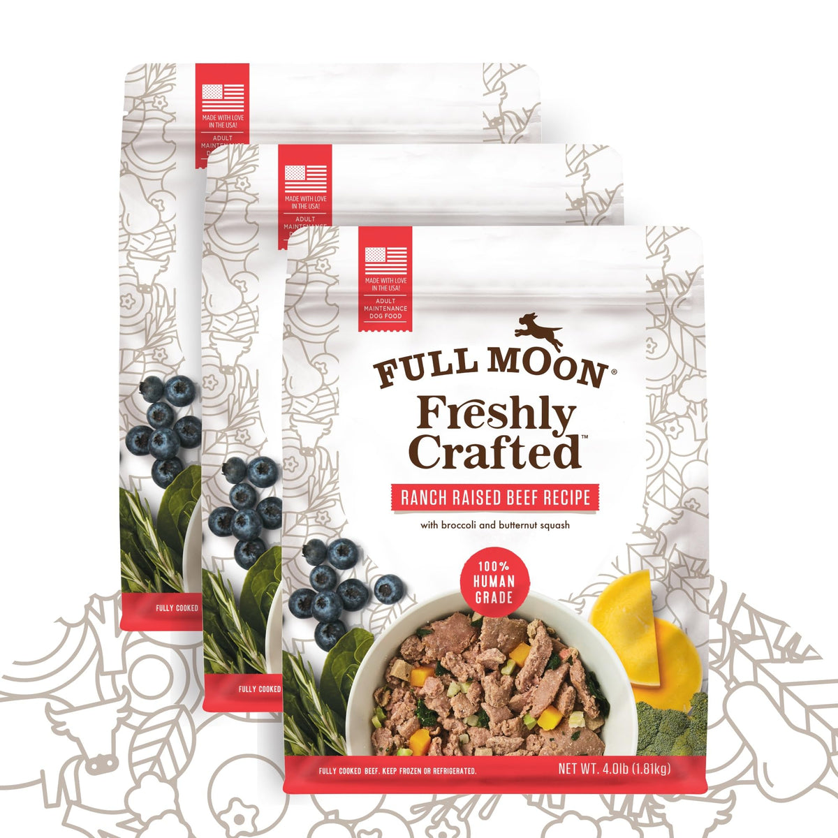 Full Moon ranch-raised beef recipe dog food bag with visible meat chunks