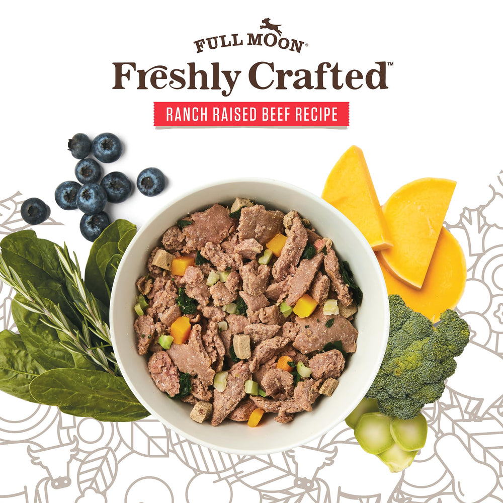 Full Moon dog food bowl showing USA-sourced meat and vegetables