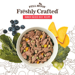 Full Moon dog food bowl showing USA-sourced meat and vegetables