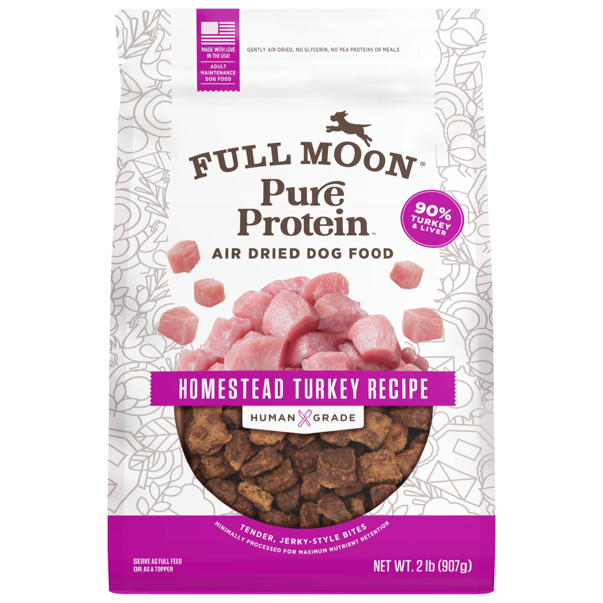 Full Moon Pure Protein air-dried dog food bag front, grain-free turkey option.