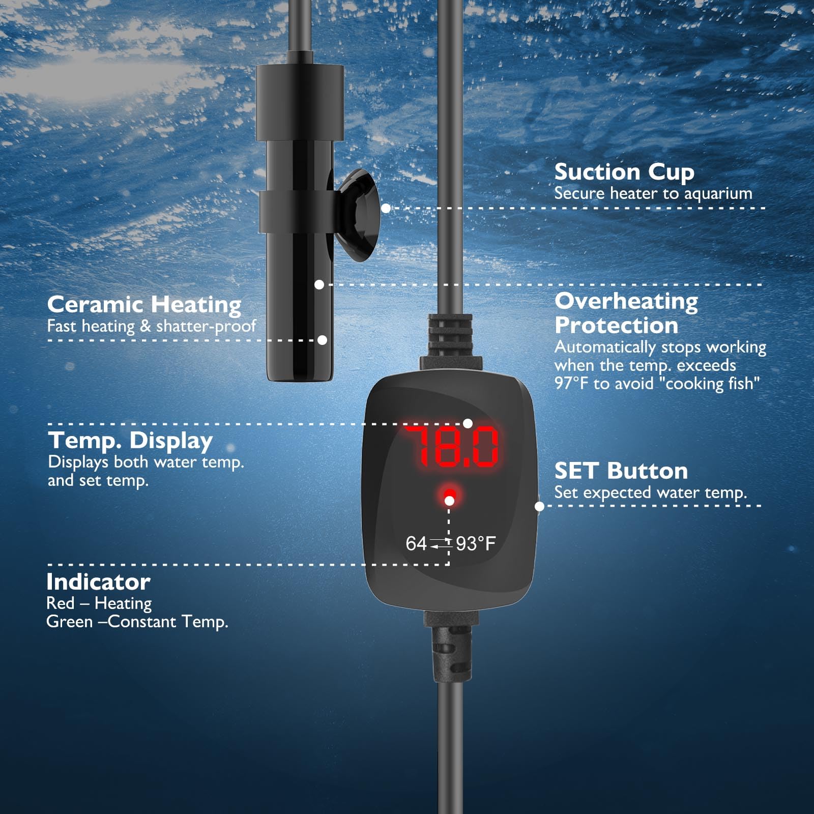 FUMAK 10W mini aquarium heater memory-function restores last setting after outage.
