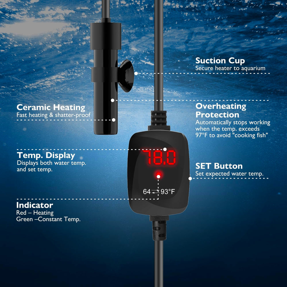 FUMAK 10W mini aquarium heater memory-function restores last setting after outage.