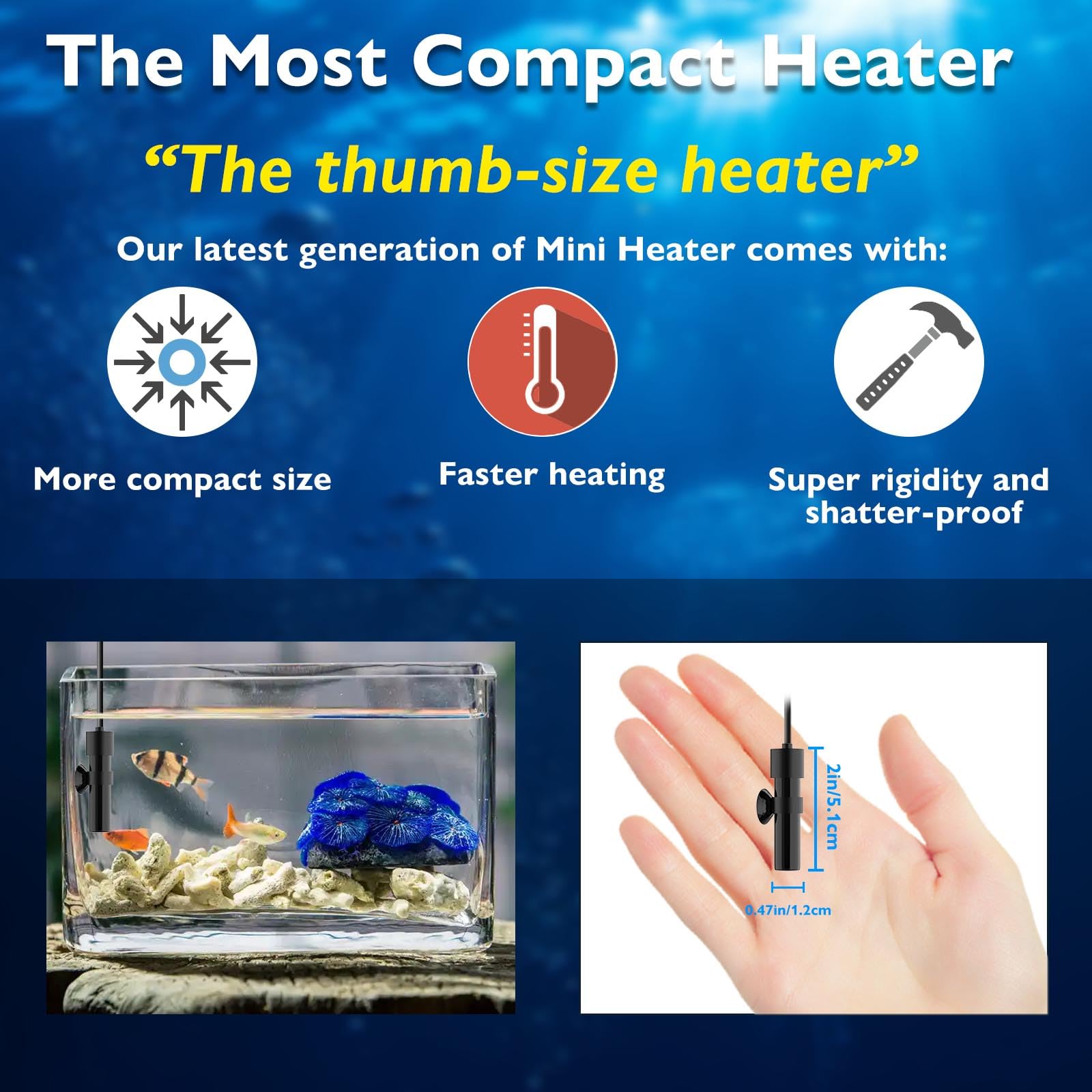 FUMAK 10W mini aquarium heater USB-connectivity for easy power via 5V/2A.