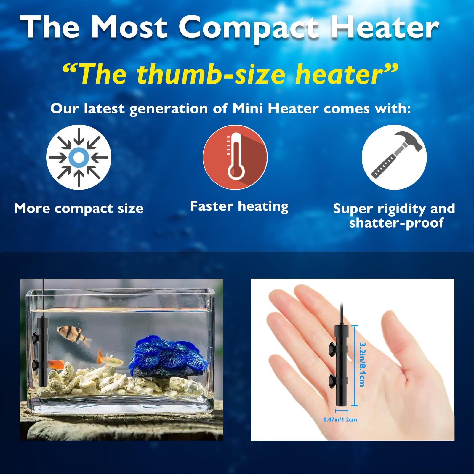 FUMAK 15W mini heater shows alumina ceramic body for durability and efficient heating.