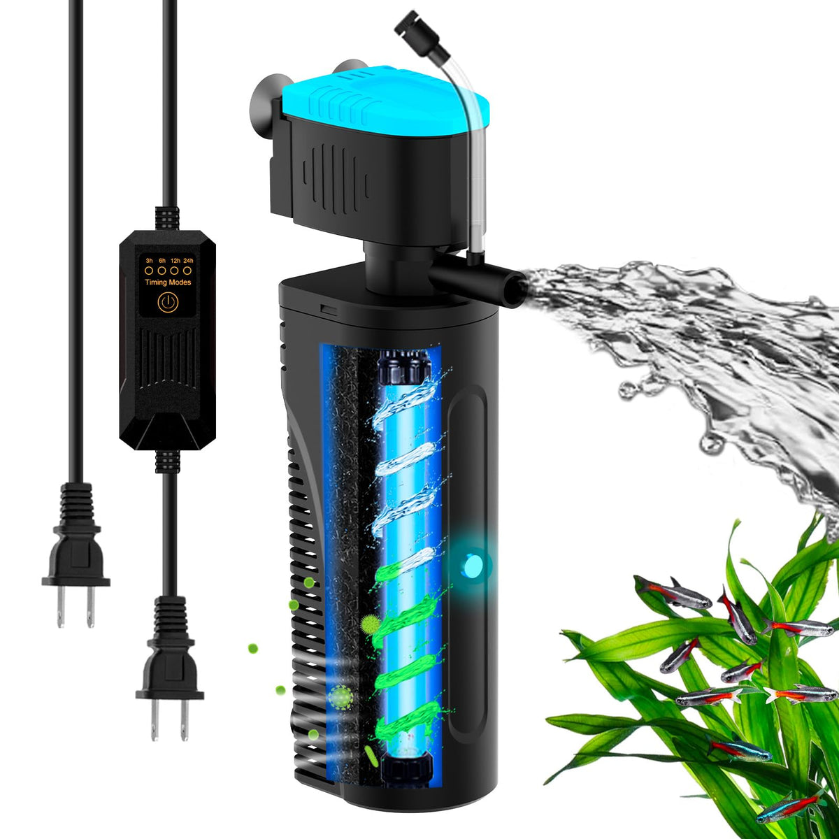FUMAK aquarium filter front view demonstrates compact design for tight setups.