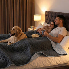 FunFurry waterproof dog blanket dark side shown to hide everyday messes.