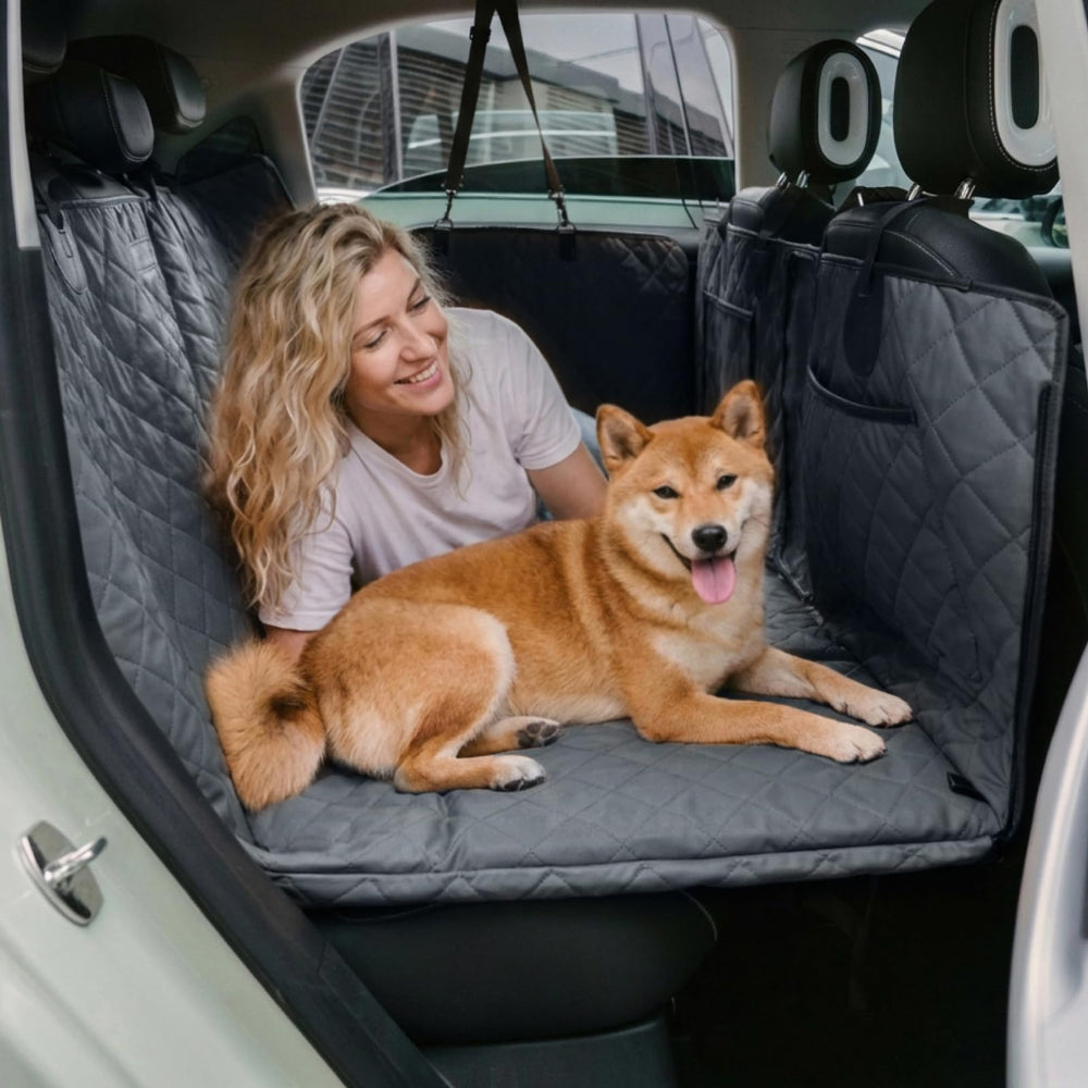 Funny Fuzzy dog car seat cover back seat extender for extra space and comfort.