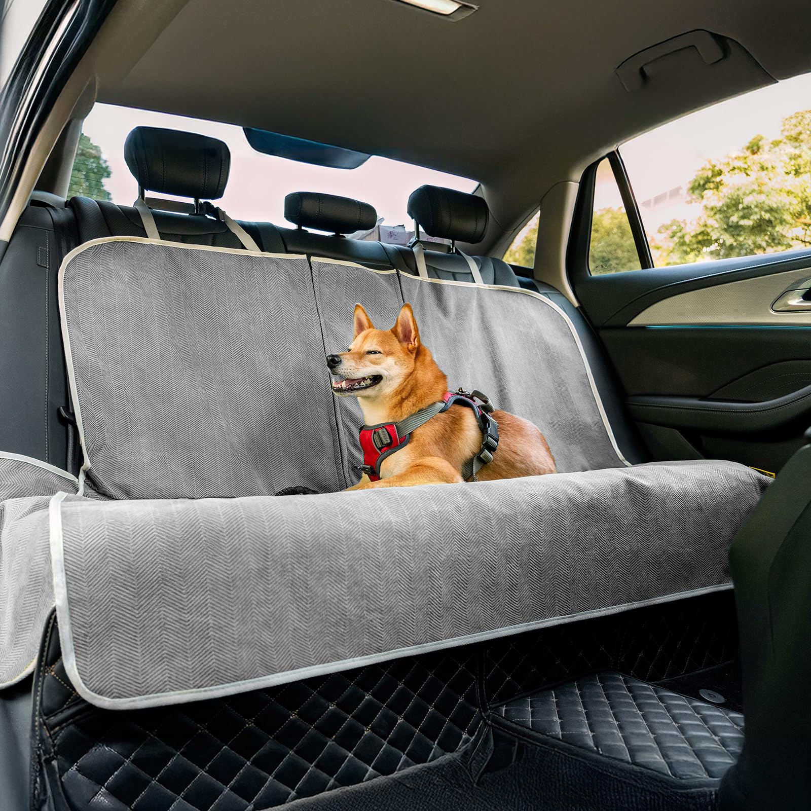 Funny Fuzzy back seat cover for dog car seat protects against mud and fur.