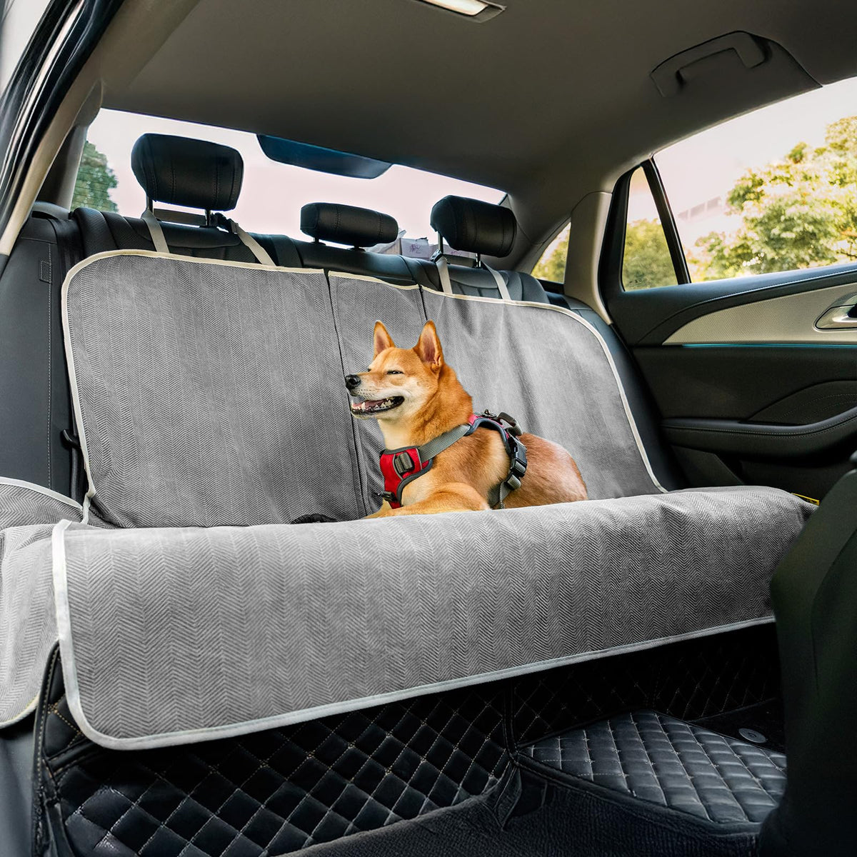 Funny Fuzzy back seat cover for dog car seat protects against mud and fur.