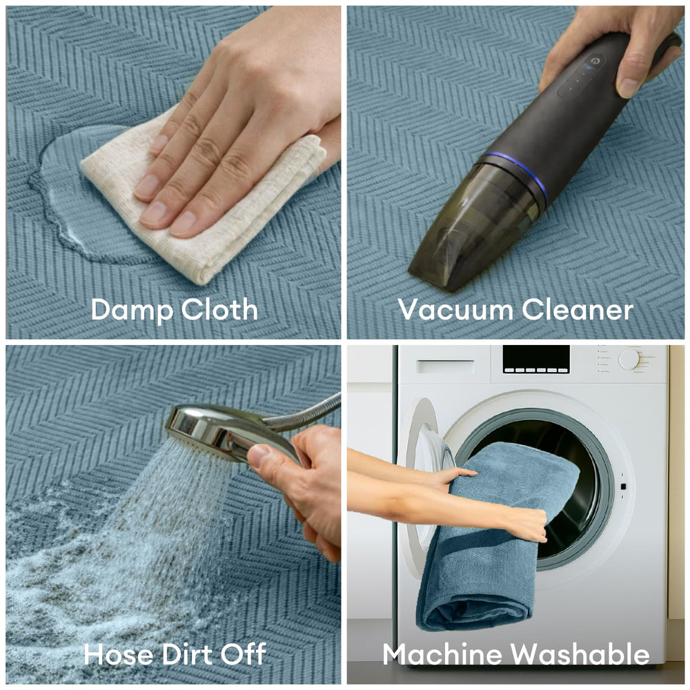 FUNNY FUZZY easy-clean fabric simplifies wiping and washing after adventures.