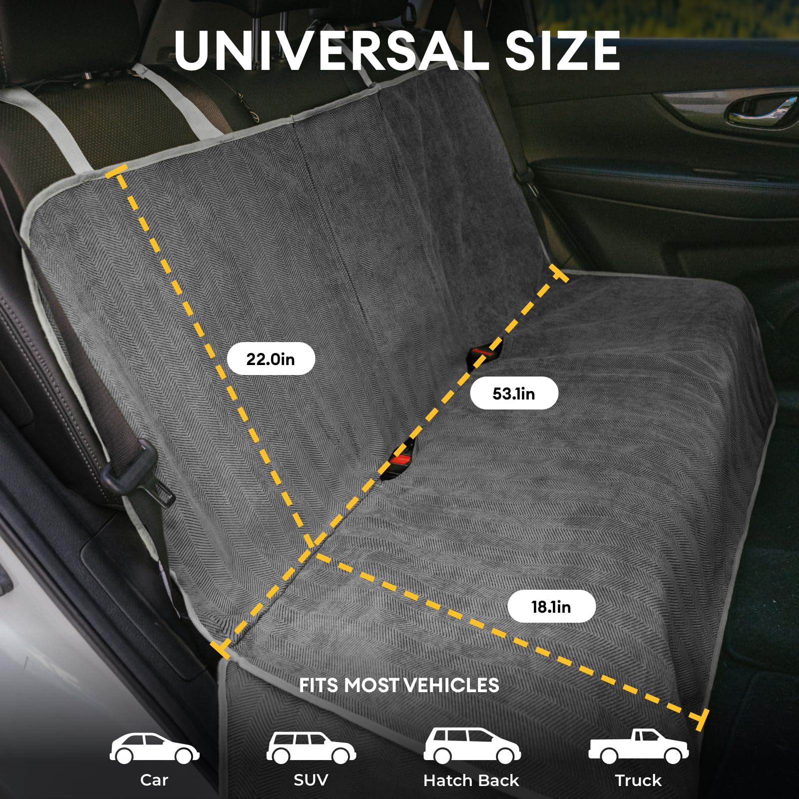 Funny Fuzzy waterproof dog seat cover keeps upholstery dry during trips.