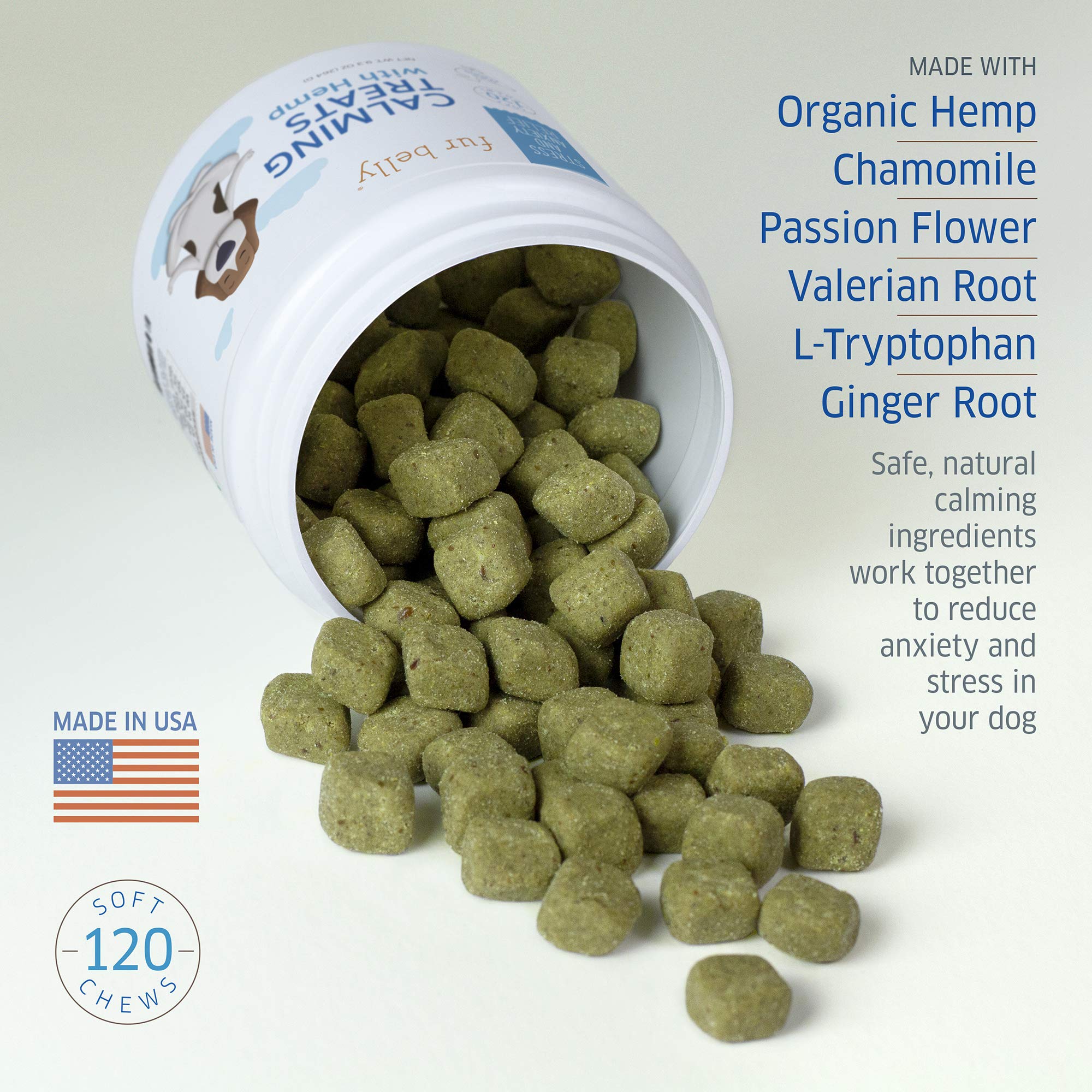 Fur Belly calming chews packaging back view shows 120-count value.