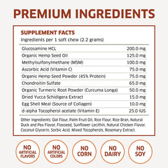 Fur Belly hemp hip joint ingredients label highlighting natural formula.