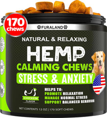 FURALAND hemp calming chews help a dog relax on the couch during a busy day