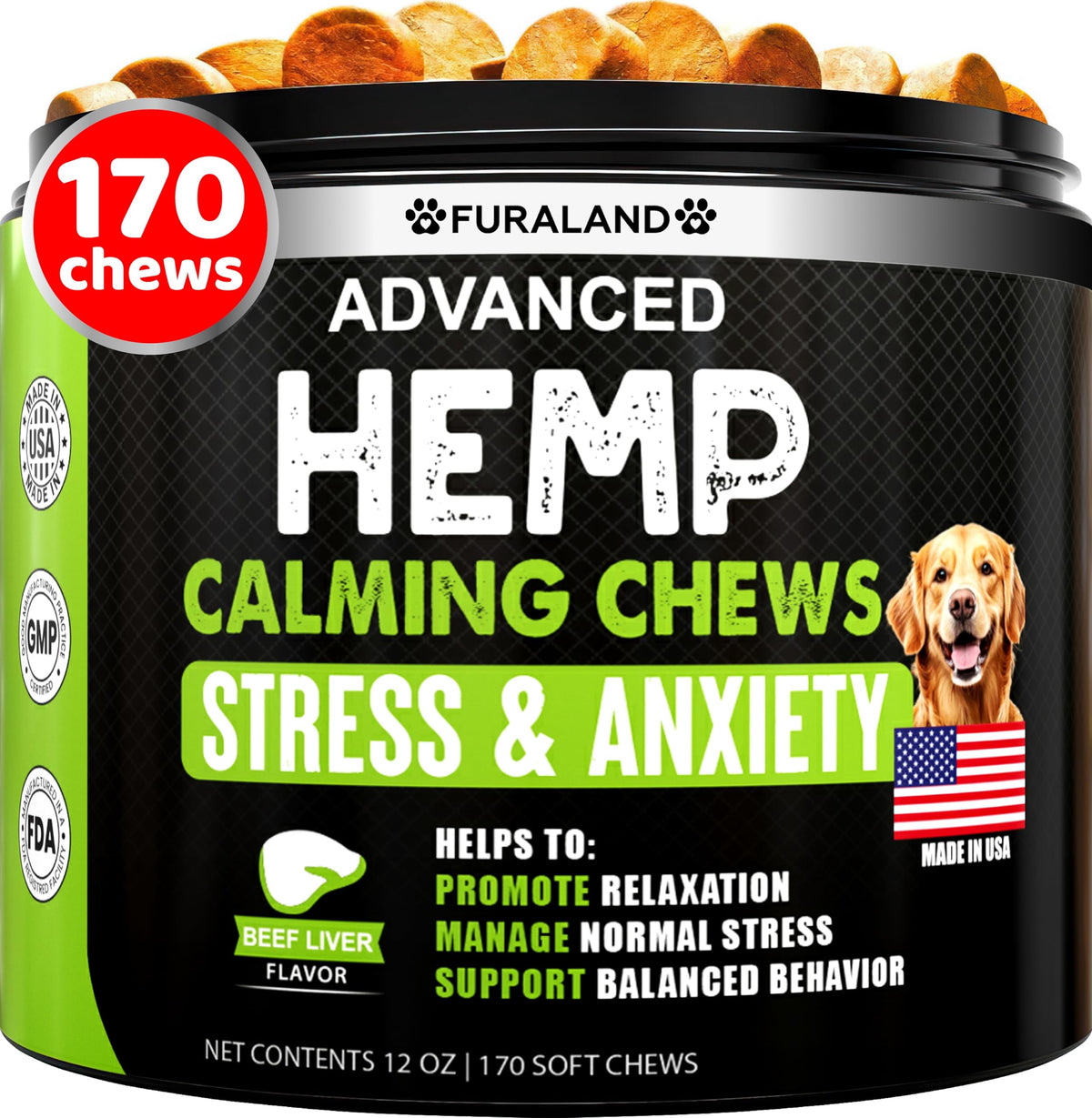 FURALAND hemp calming chews packaging front for anxious dogs