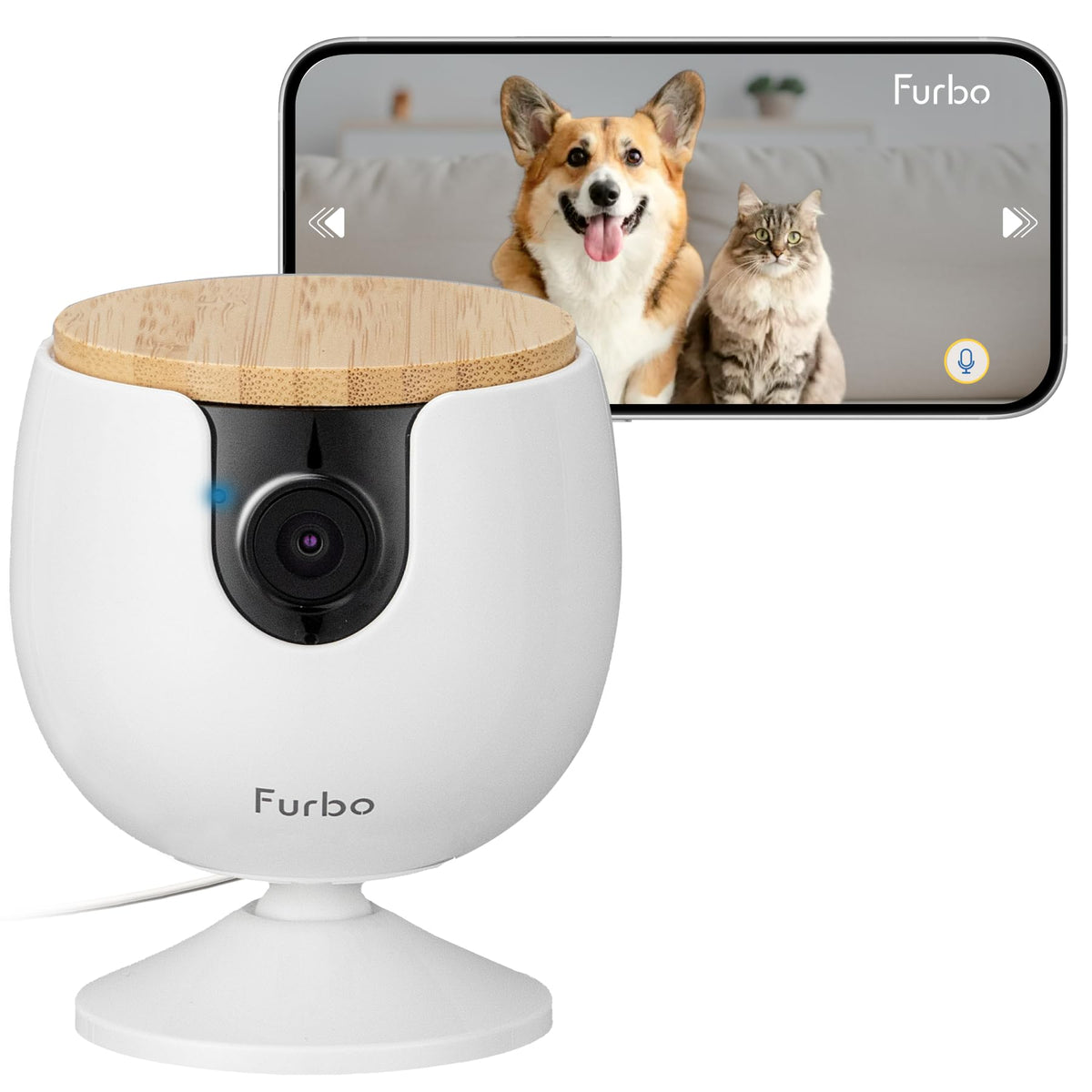 Furbo Mini camera mounted on wall for pet monitoring day and night.