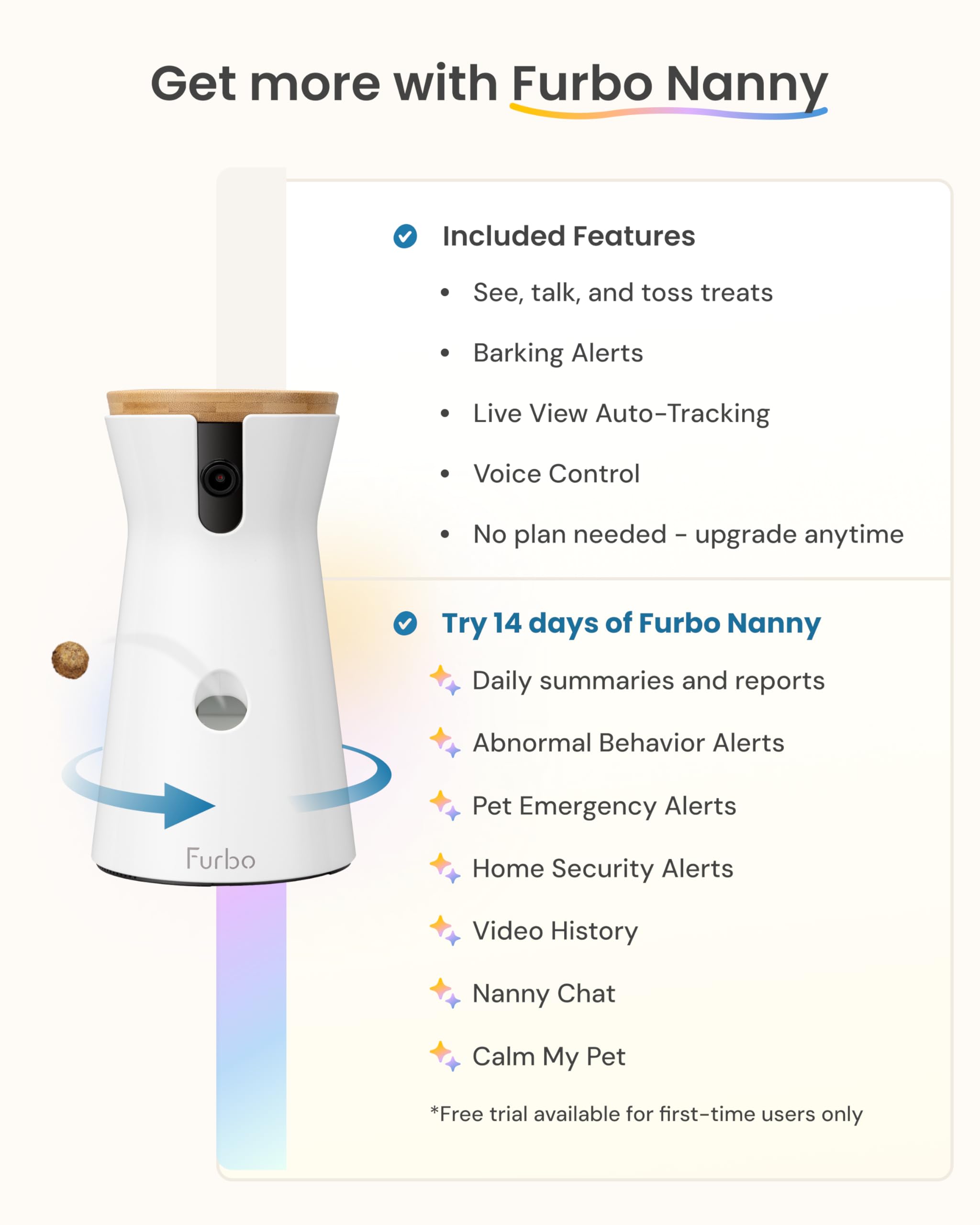 Furbo treat toss feature lets you reward or distract pets remotely.