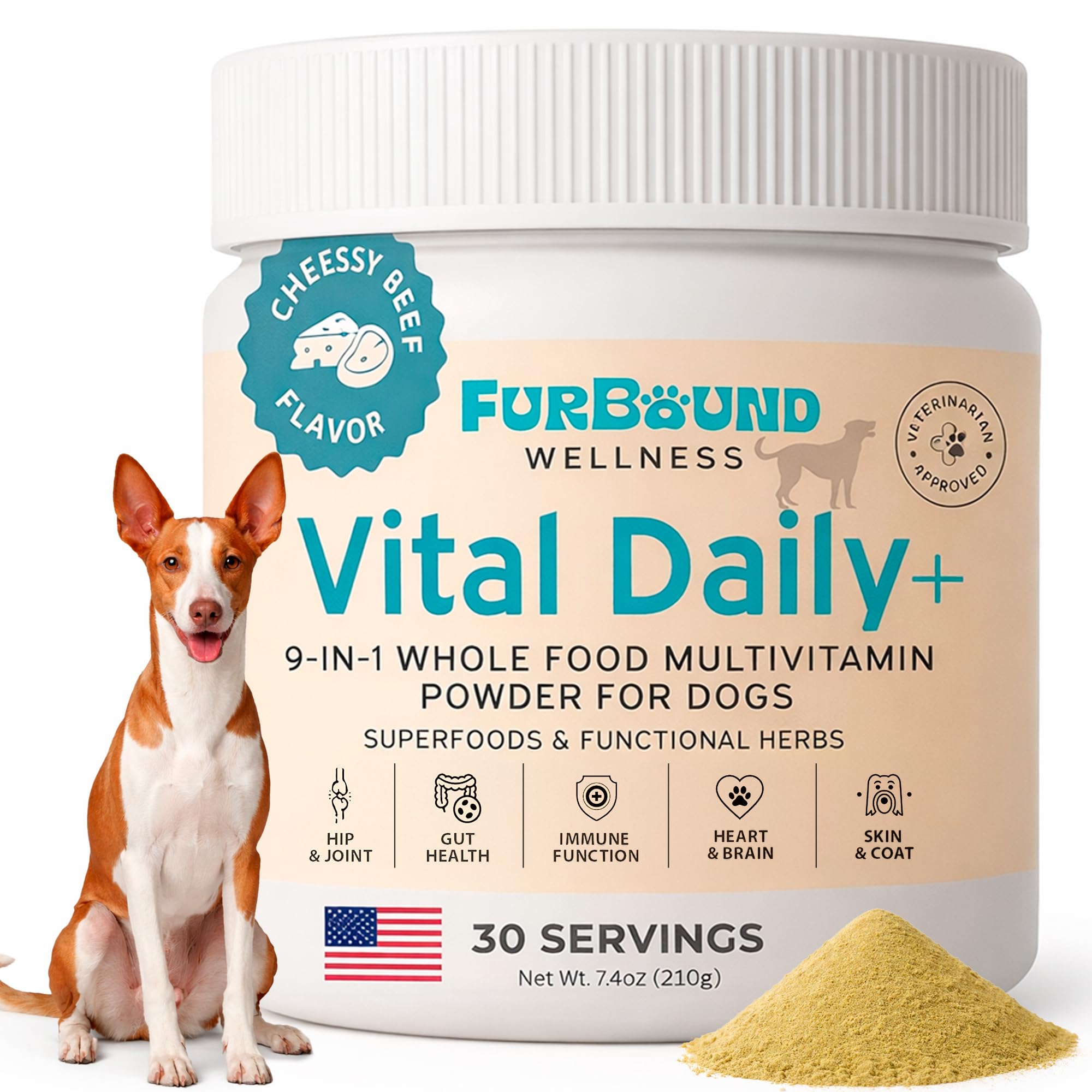 FurBound dog multivitamin powder in a jar with a scoop for daily canine wellness.