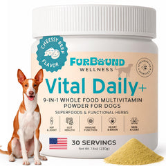 FurBound dog multivitamin powder in a jar with a scoop for daily canine wellness.
