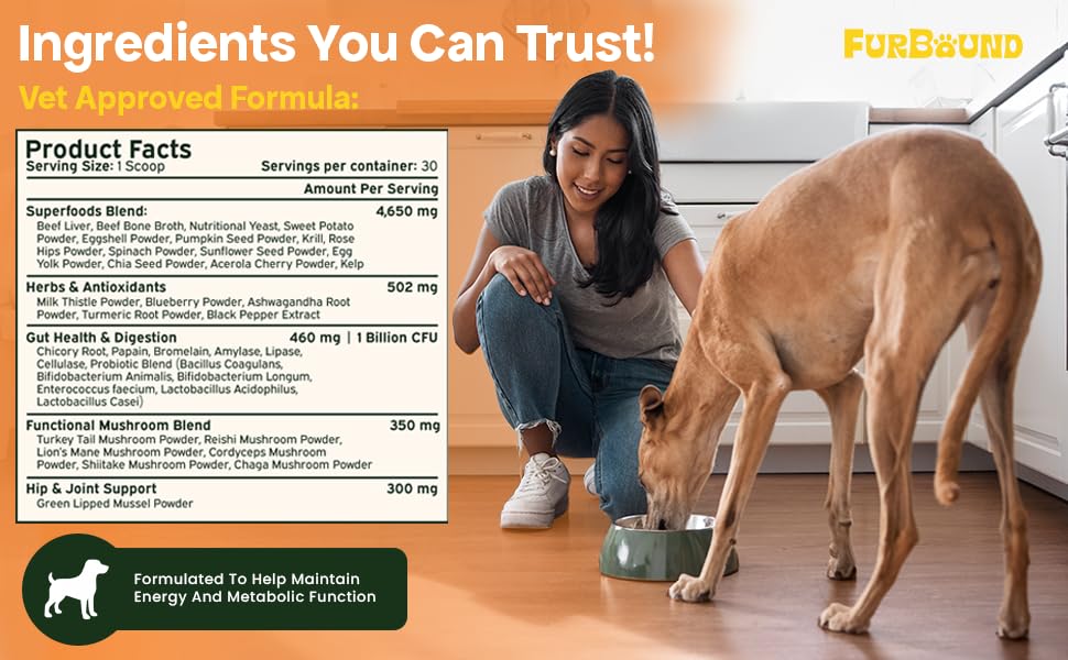 Easy daily scoop of FurBound powder for convenient canine nutrition.