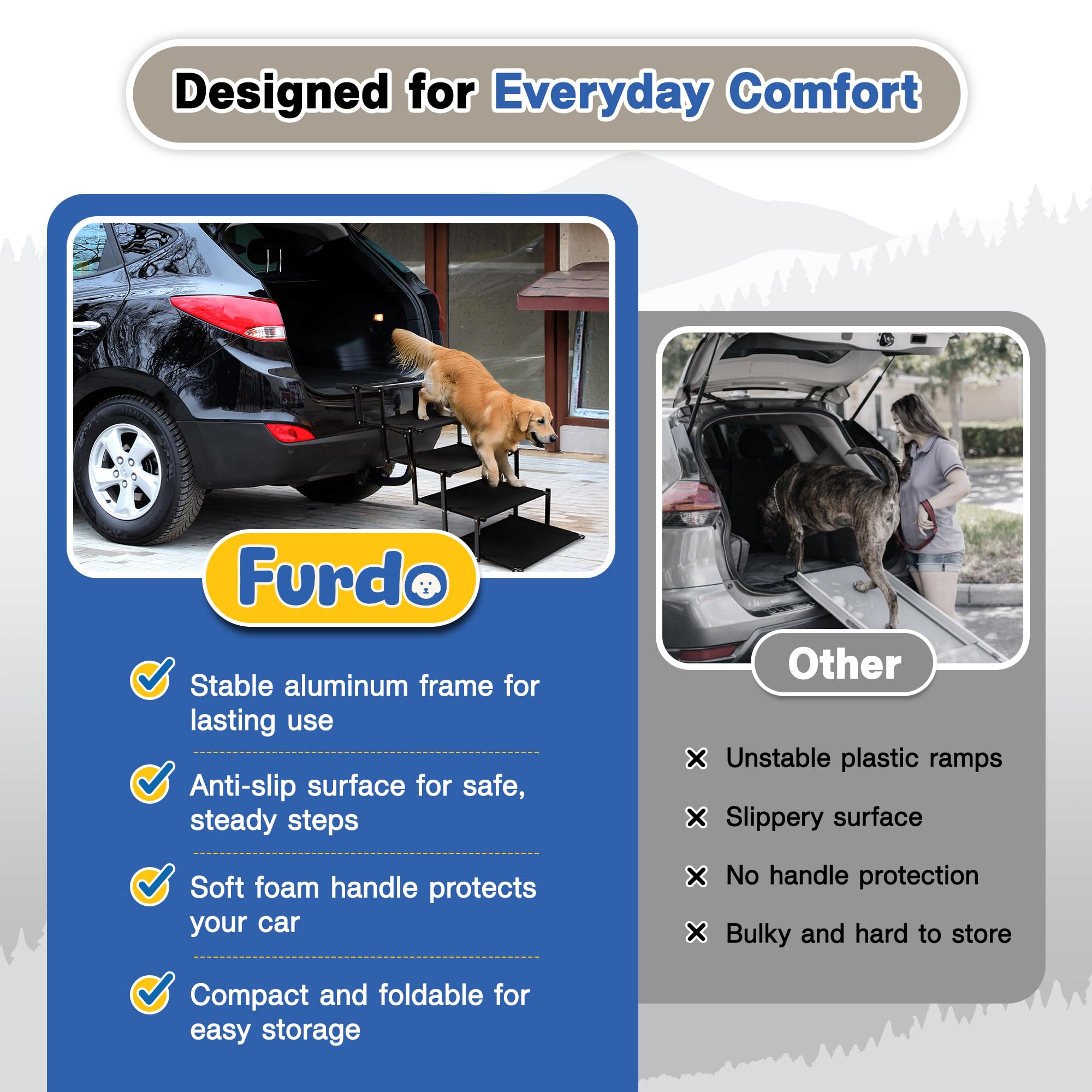 FURDO adjustable stairs fit different vehicle heights and beds for pets.
