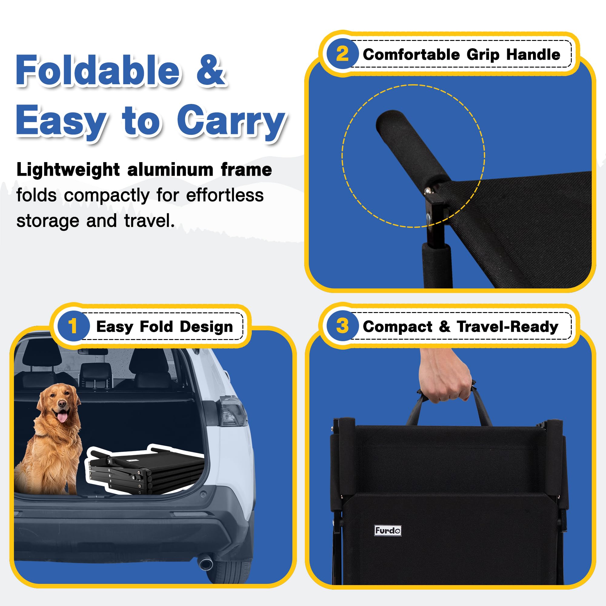 FURDO foldable pet stairs stored in the trunk for travel.