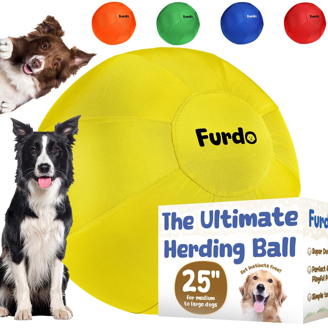 Furdo Herding Ball with 25-inch yellow cover ready for large dogs' play
