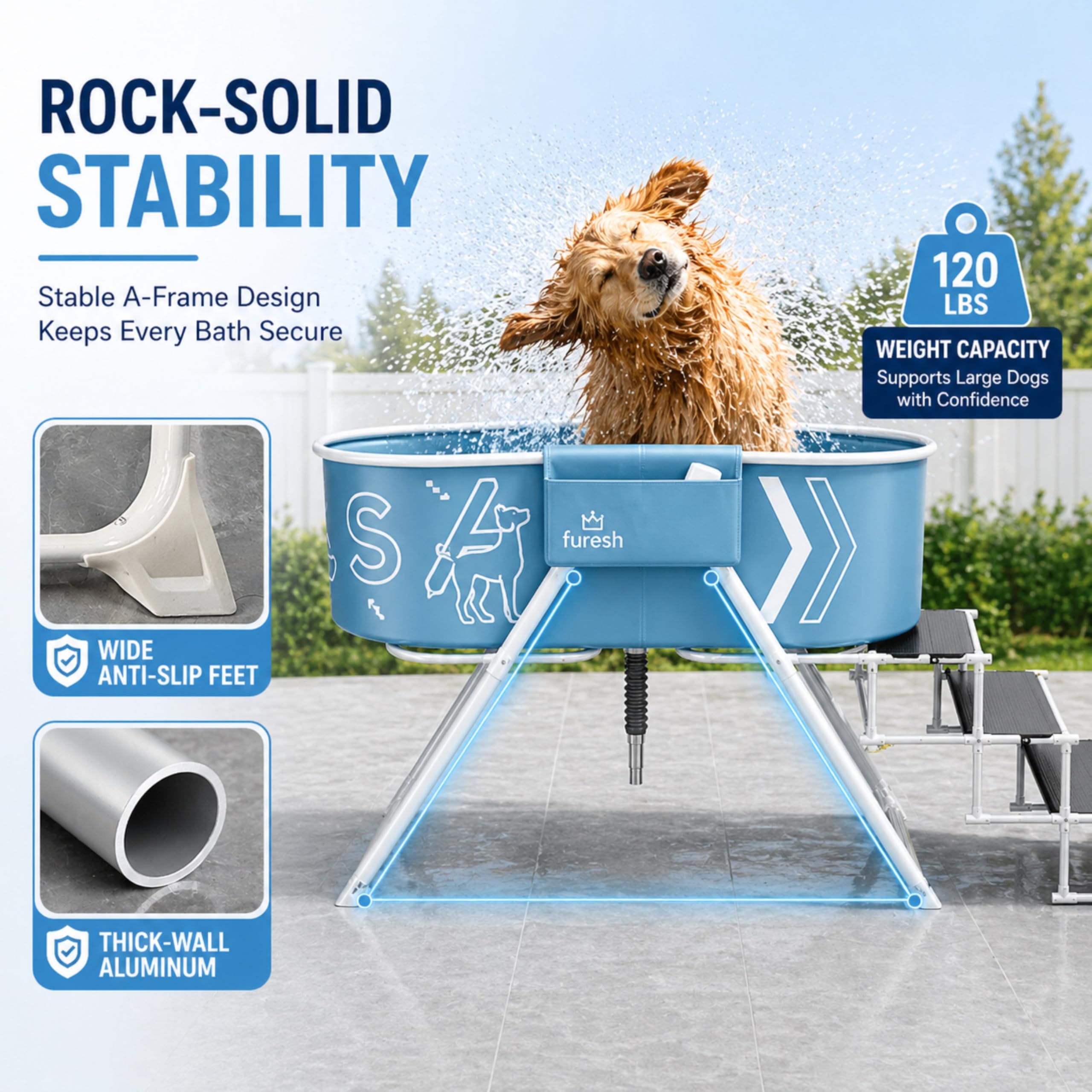 Extended foldable stairs on Furesh Big Dipper tub for easy access