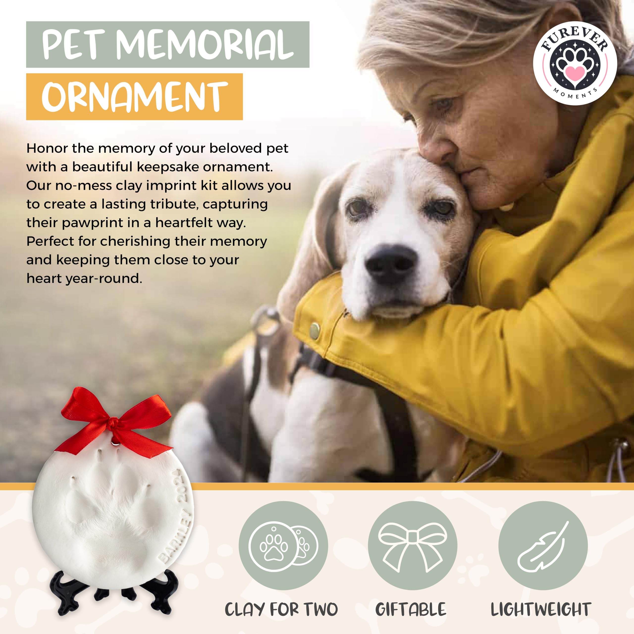 FUREVER MOMENTS two paw print ornaments displayed on stands for gifting