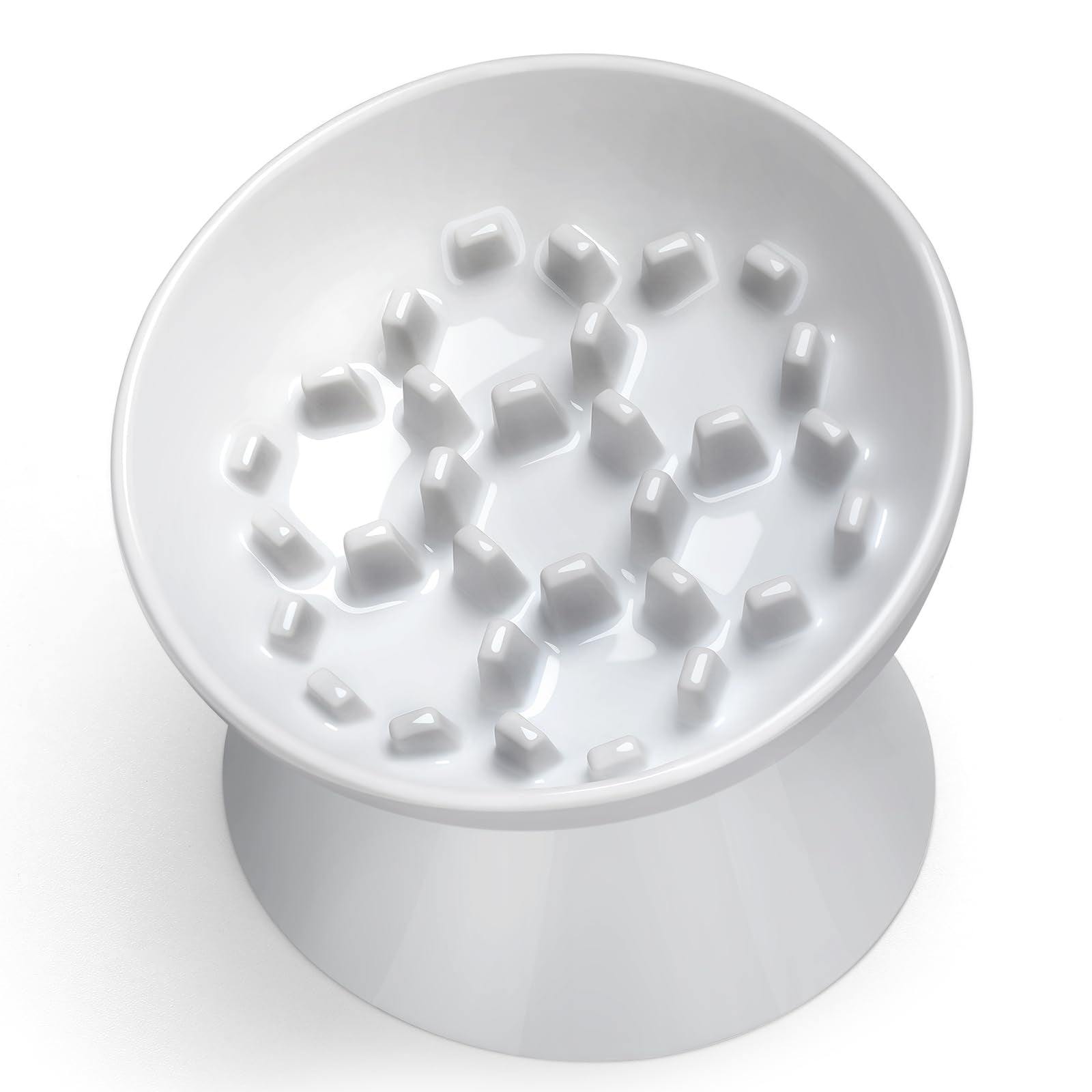 FurFlasher ceramic slow feeder bowl with honeycomb design in white, promotes slower eating.