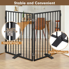 Furggis foldable dog gate with 360-degree door enables flexible layouts.