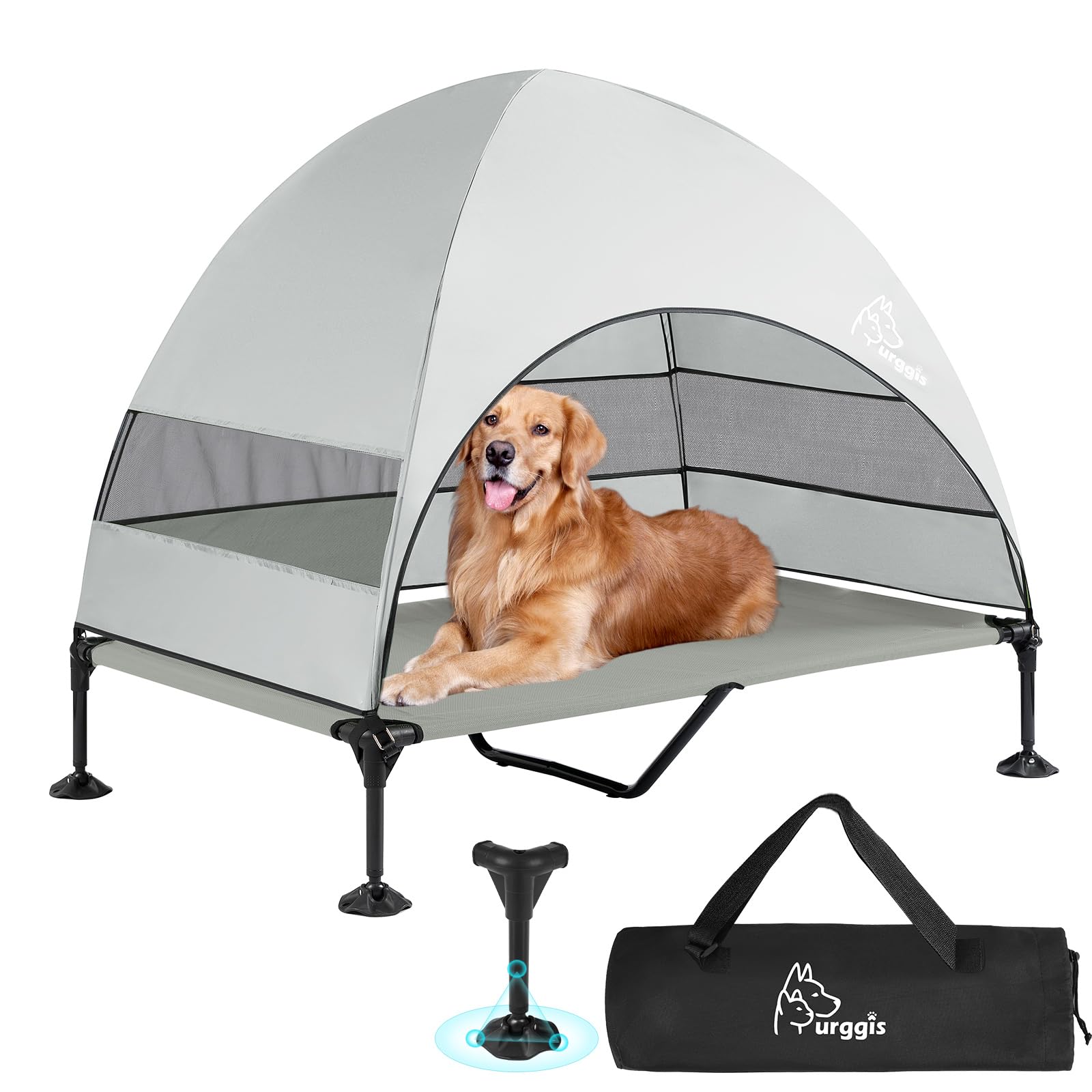Furggis upgraded elevated dog bed with canopy showing stable ground contact for any surface