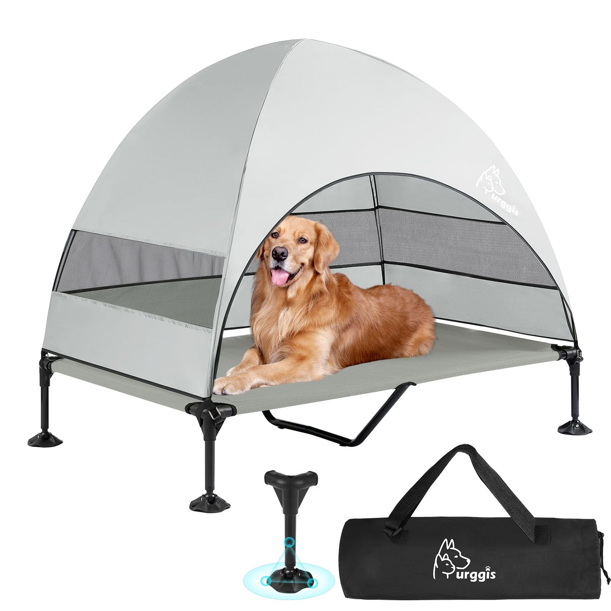 Furggis upgraded elevated dog bed with canopy showing stable ground contact for any surface