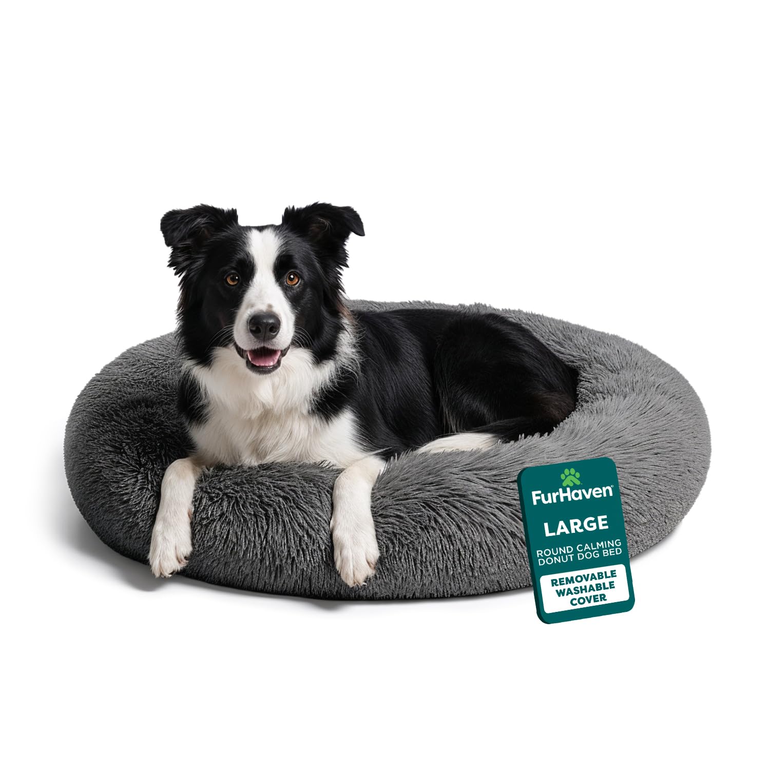 Furhaven 36-inch round calming donut bed with plush faux fur for cozy curled naps.