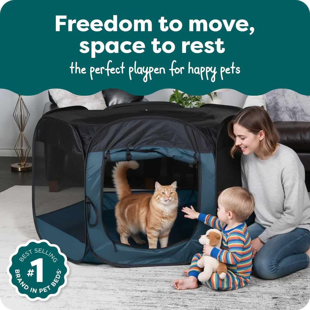 Furhaven playpen interior showing 360-degree mesh walls for visibility and airflow.