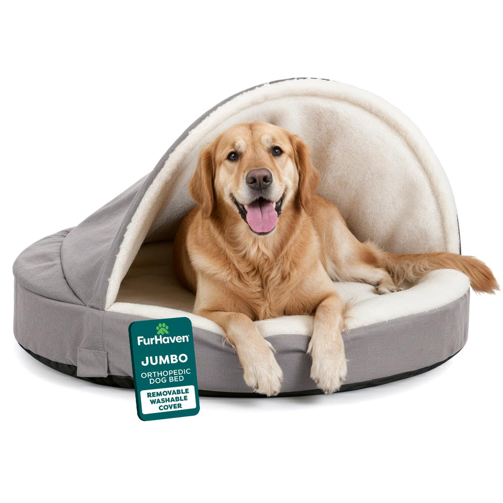 Furhaven 44in round orthopedic bed with hooded snuggery for joint support.