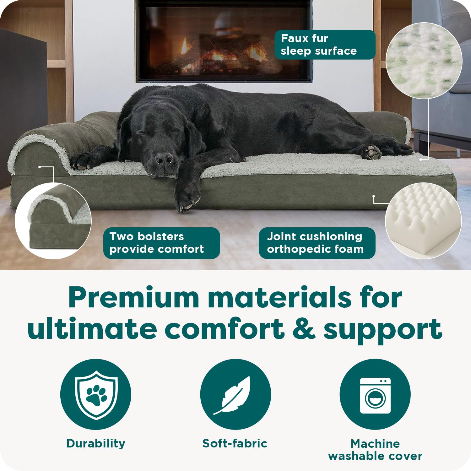 FurHaven bolstered edges offering a secure headrest for leaners.