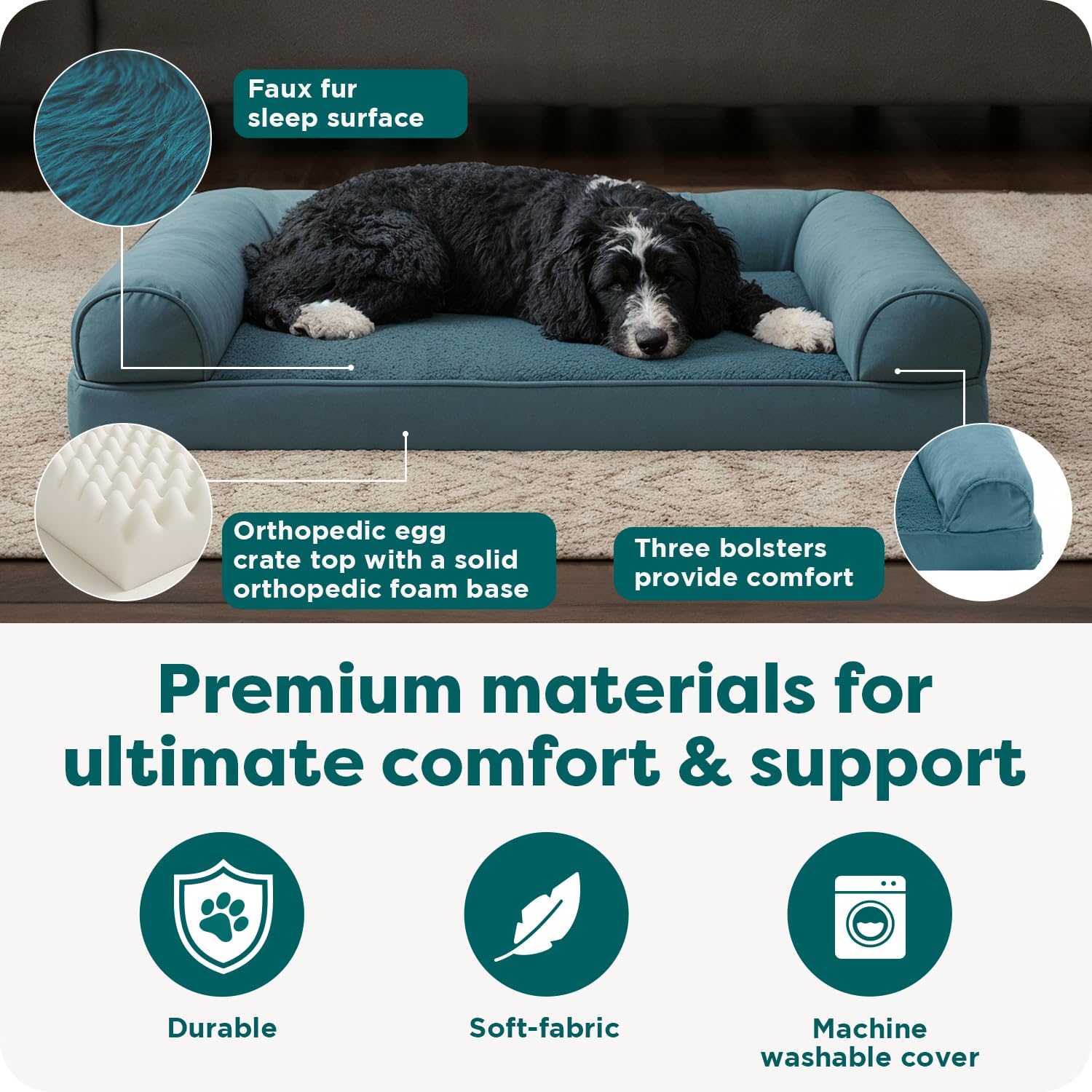 FurHaven bolstered edges offer a secure headrest for leaning dogs